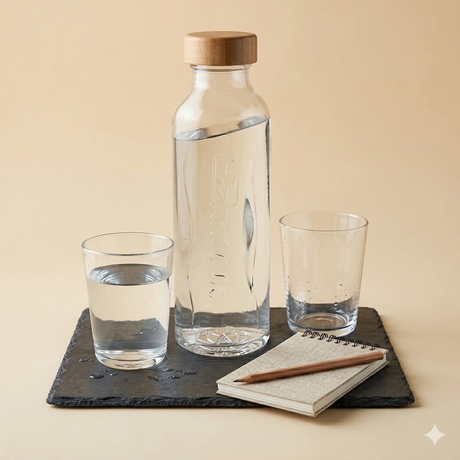 A carafe of water, two glasses and a notebook set out on a slate